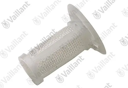 Vaillant Wassersieb aus transparentem Material mit feiner Maschenstruktur und einem Flansch zur Befestigung, eingesetzt zur Filterung von Wasser.